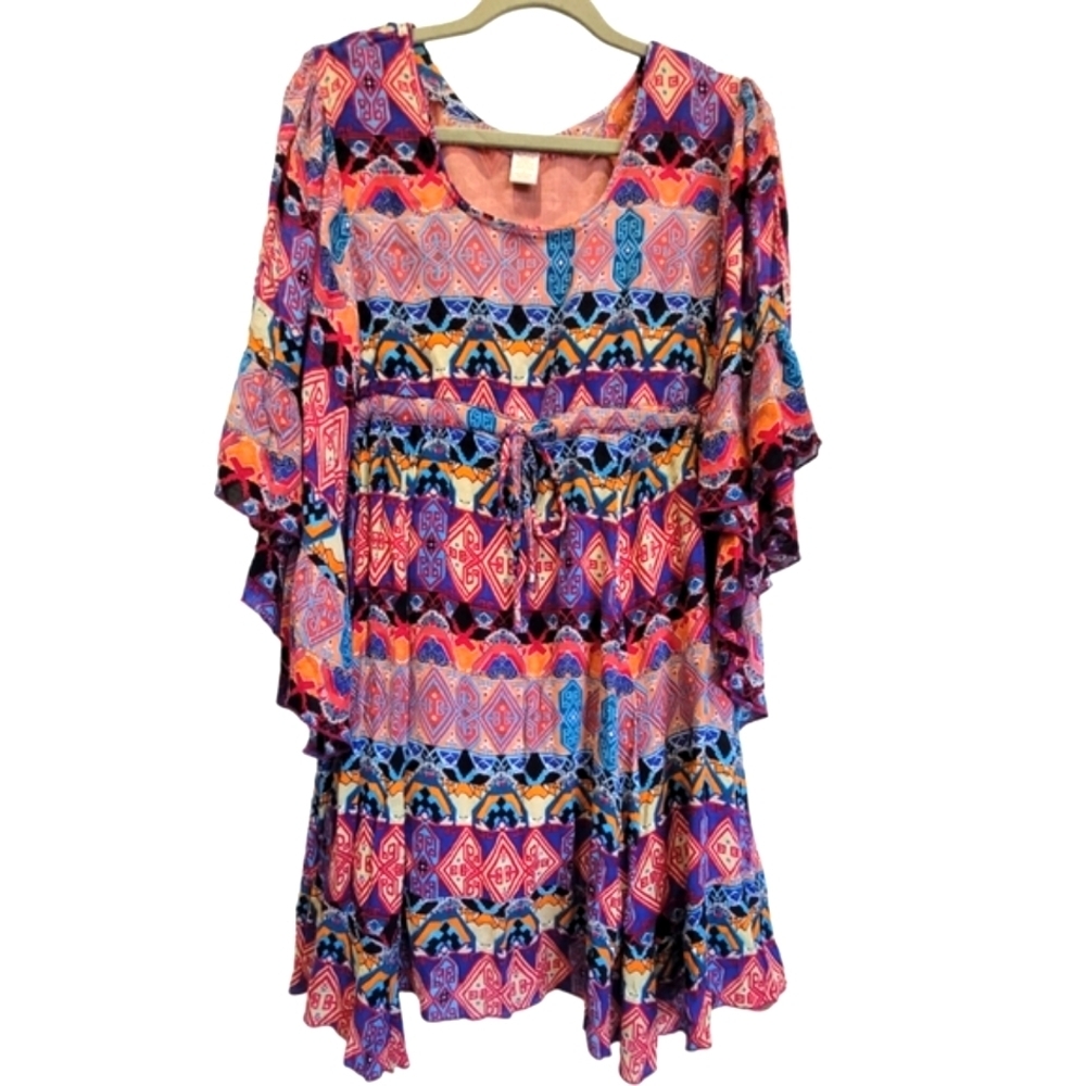 Southwestern Colorful Wide Sleeves Drawstring Waist Midi Summer Fall Dress